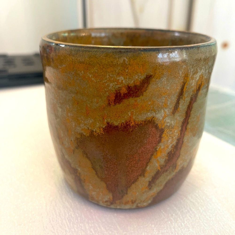 studio pottery small planter glazed pattern in earthy shades of rust, brown